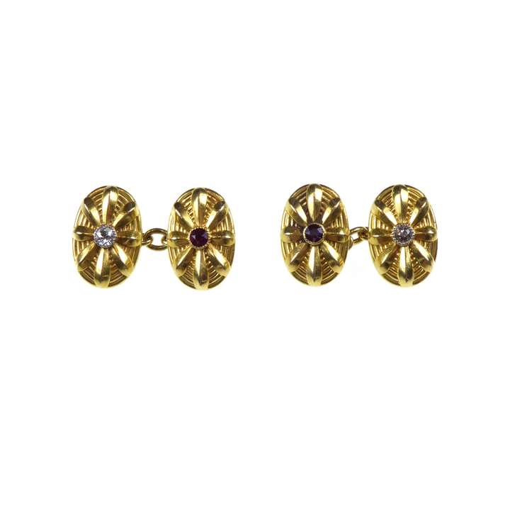 Pair of early 20th century oval gold, ruby and diamond cufflinks